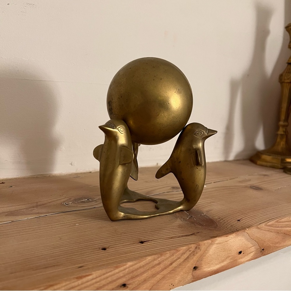 Mid-Century Brass Sphere on Sculptural Dolphin Stand Vintage